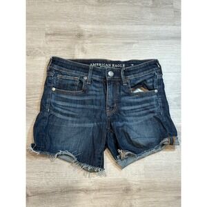 American Eagle Denim Shorts Next Level Stretch Dark Wash Frayed Hem Size 6‎